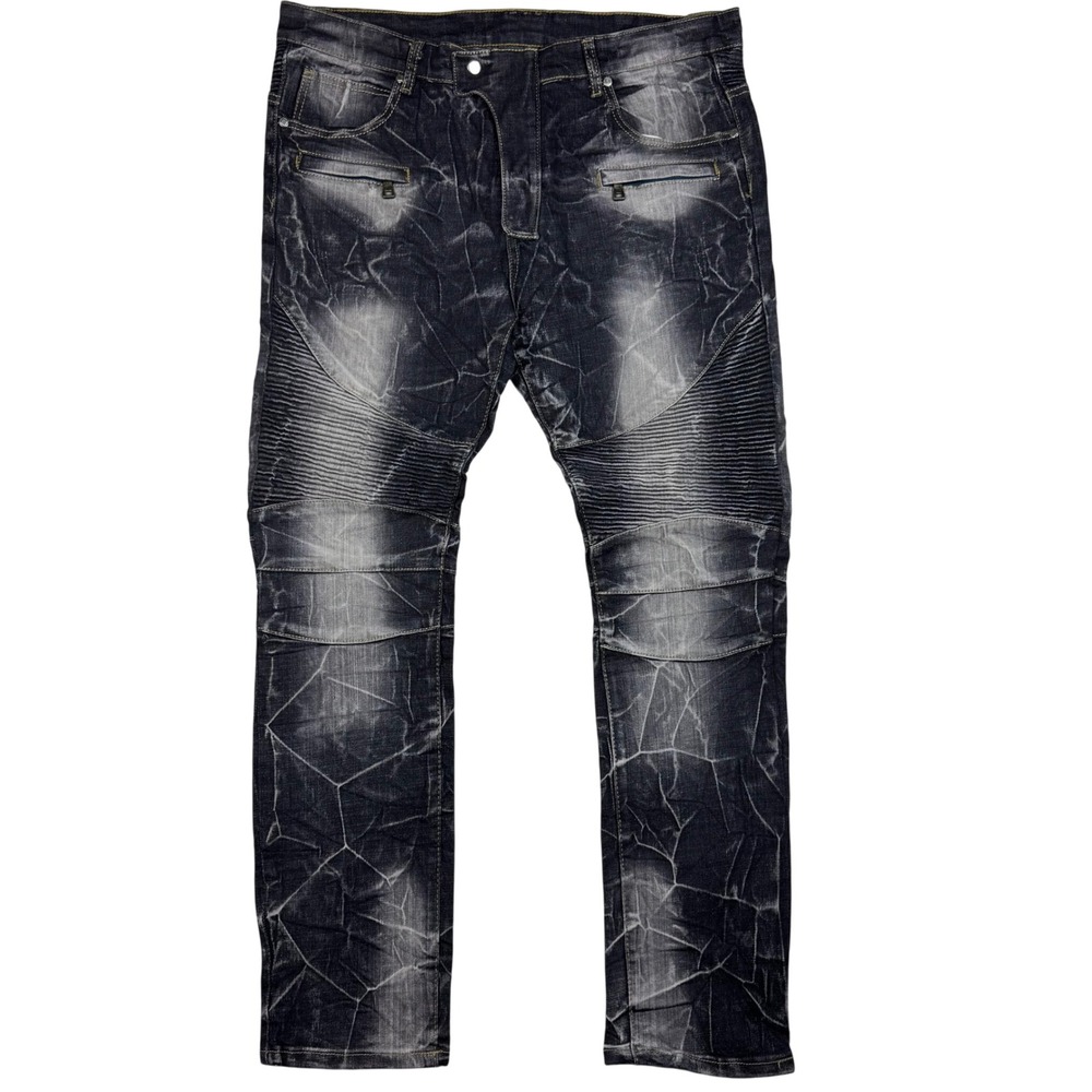 Moto Biker Jeans Acid Wash Mens 36x30 Black Grunge Rocker Distressed Streetwear